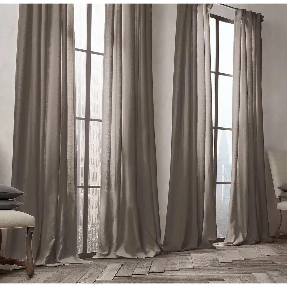 Restoration Hardware Belgian Opaque Linen Drapery Pole Top (2) CHOCOLATE 100x96